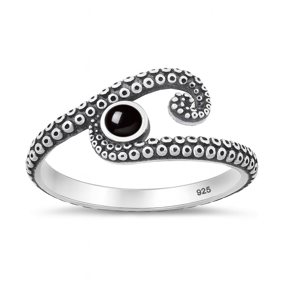 Sterling Silver Black Agate Octopus Tentacle Ring