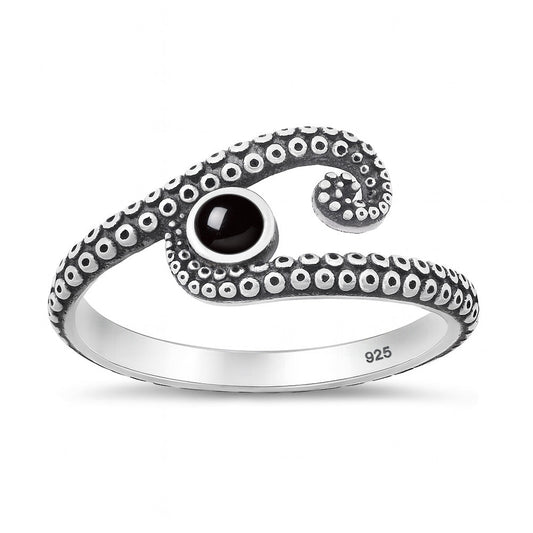 Sterling Silver Black Agate Octopus Tentacle Ring