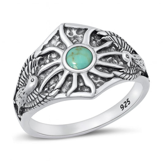 Sterling Silver Genuine Turquoise Phoenix Bird Sun Ring