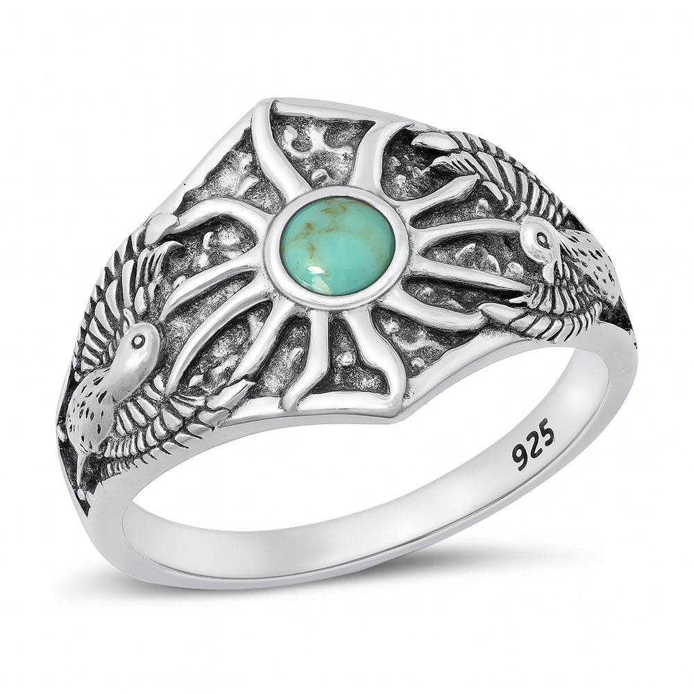 Sterling Silver Genuine Turquoise Phoenix Bird Sun Ring