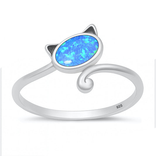 Sterling Silver Blue Lab Opal Cat Ring