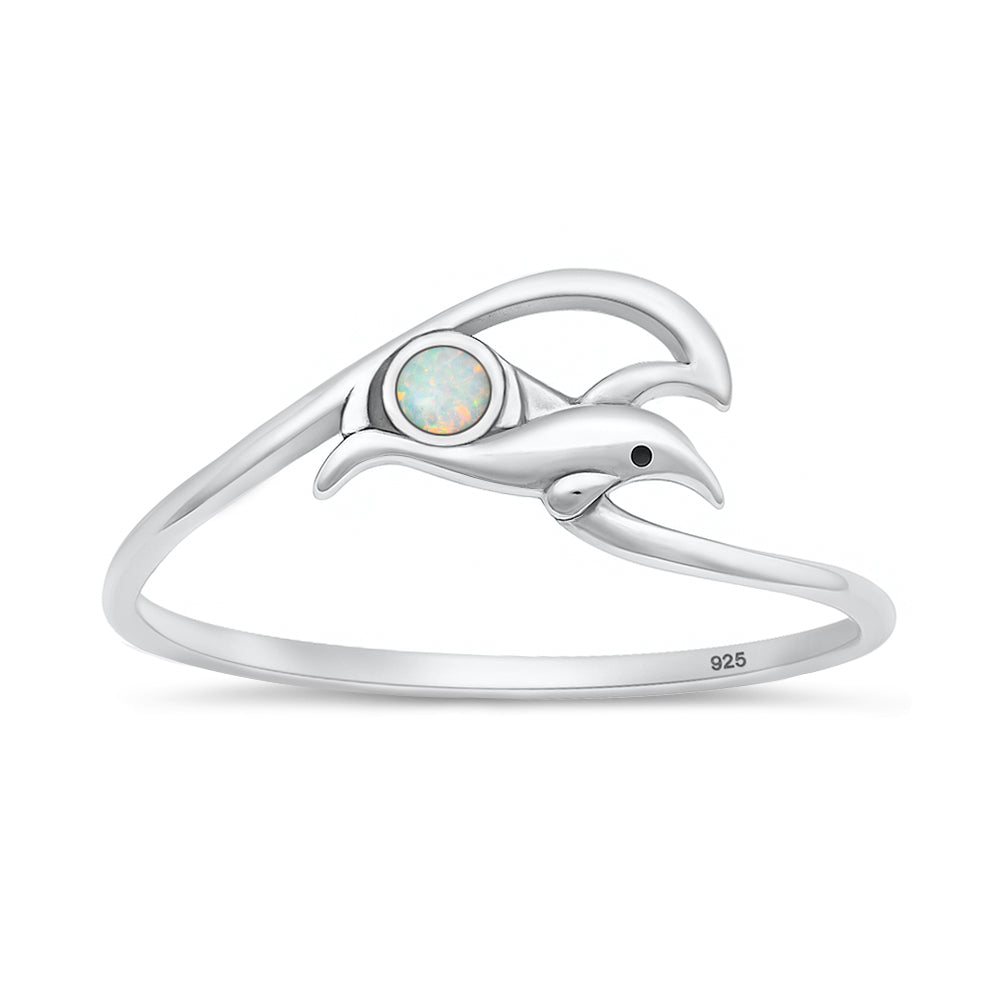 Sterling Silver White Synthetic Opal Dolphin Ocean Wave Ring