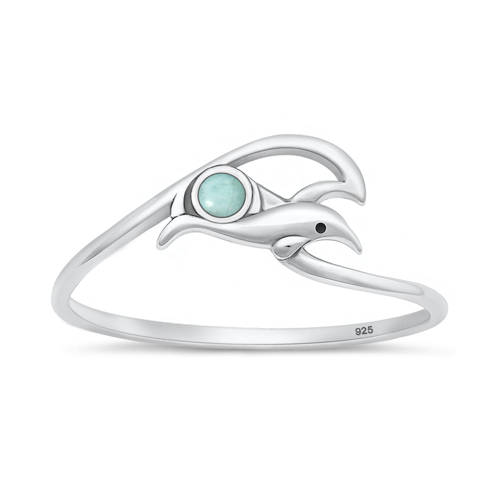 Sterling Silver Larimar Dolphin Wave Ring