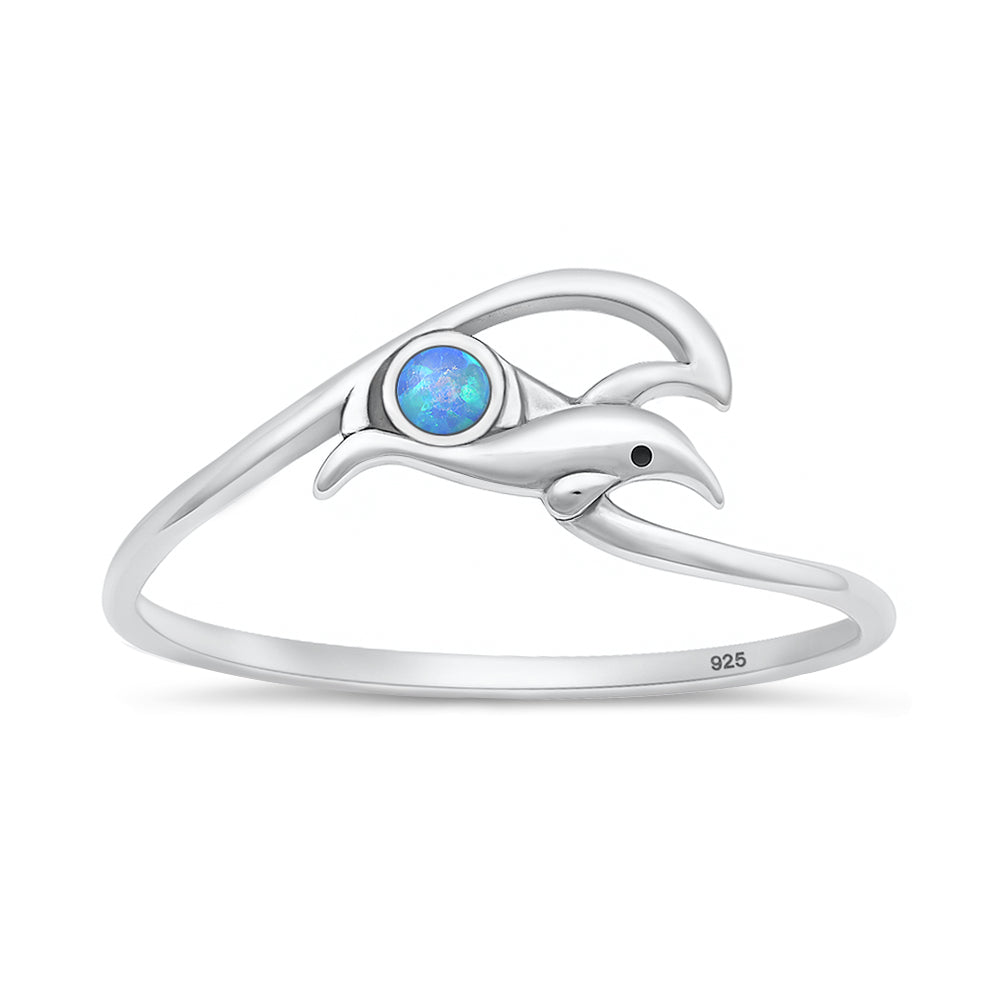 Sterling Silver Blue Synthetic Opal Dolphin Wave Ring