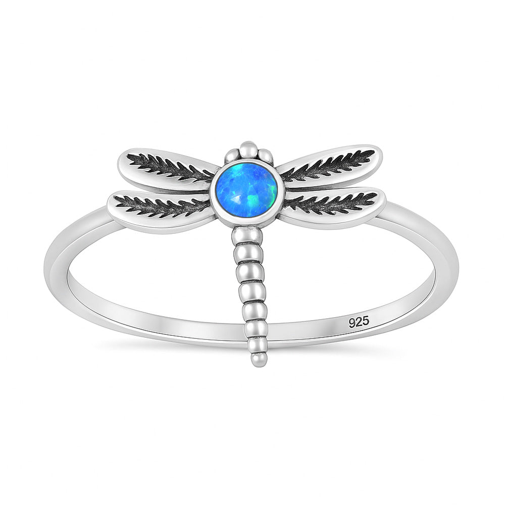 Sterling Silver Blue Synthetic Opal Dragonfly Ring