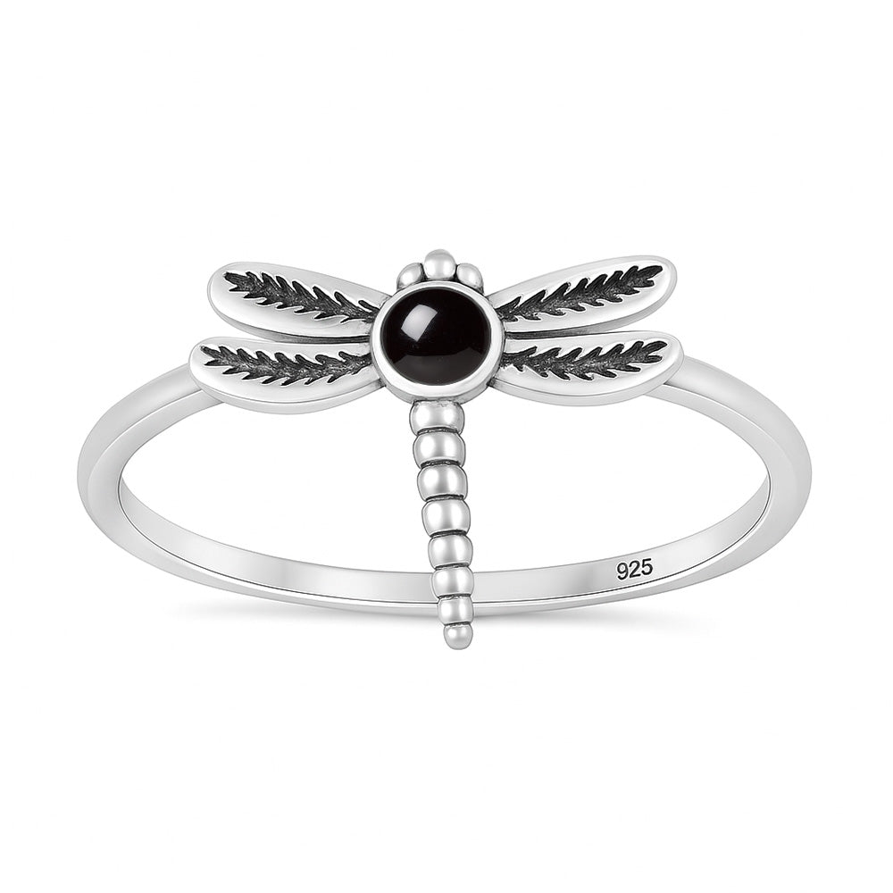 Sterling Silver Black Agate Dragonfly Ring