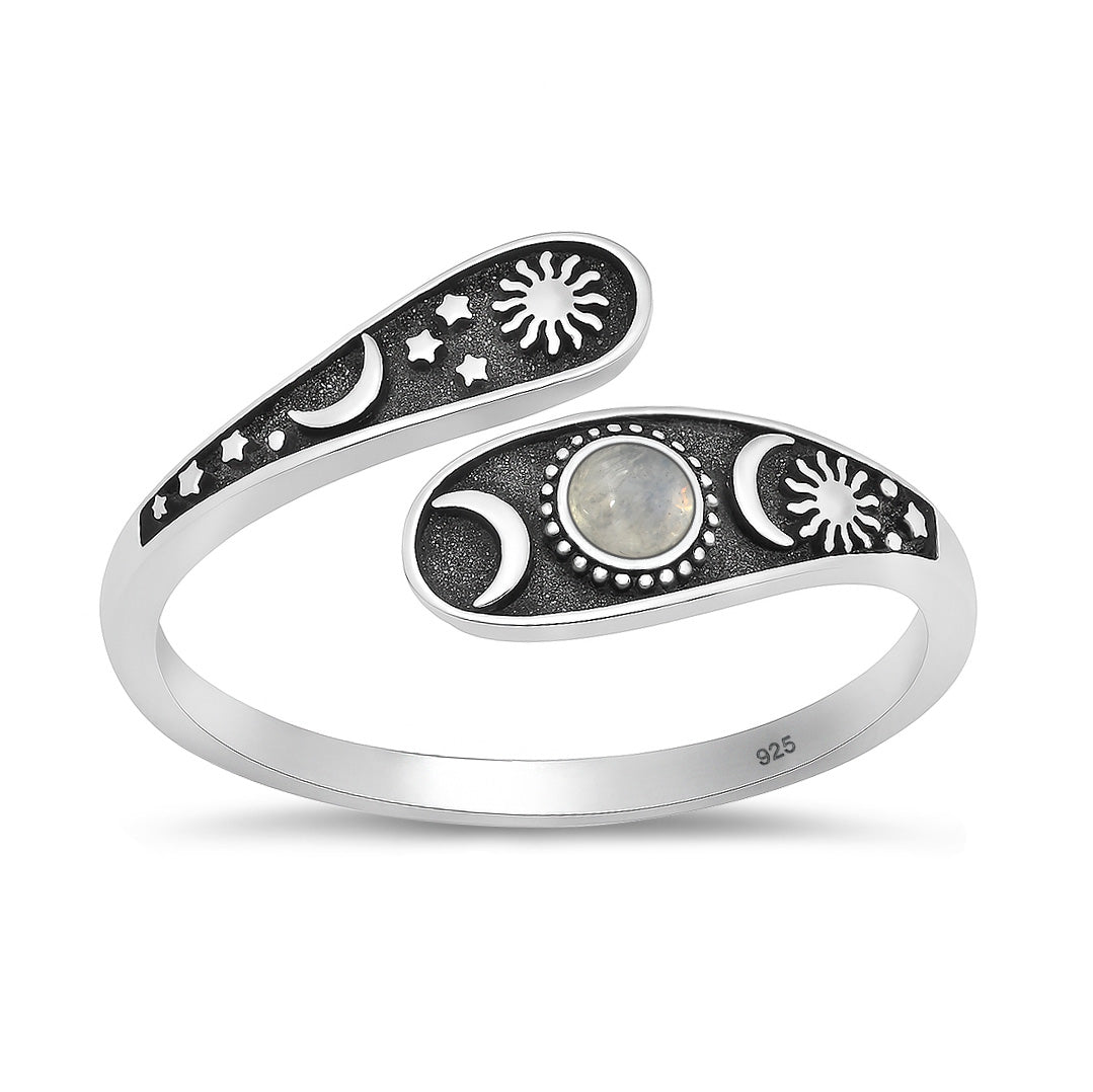 Sterling Silver Moonstone Moon Star Spoon Ring