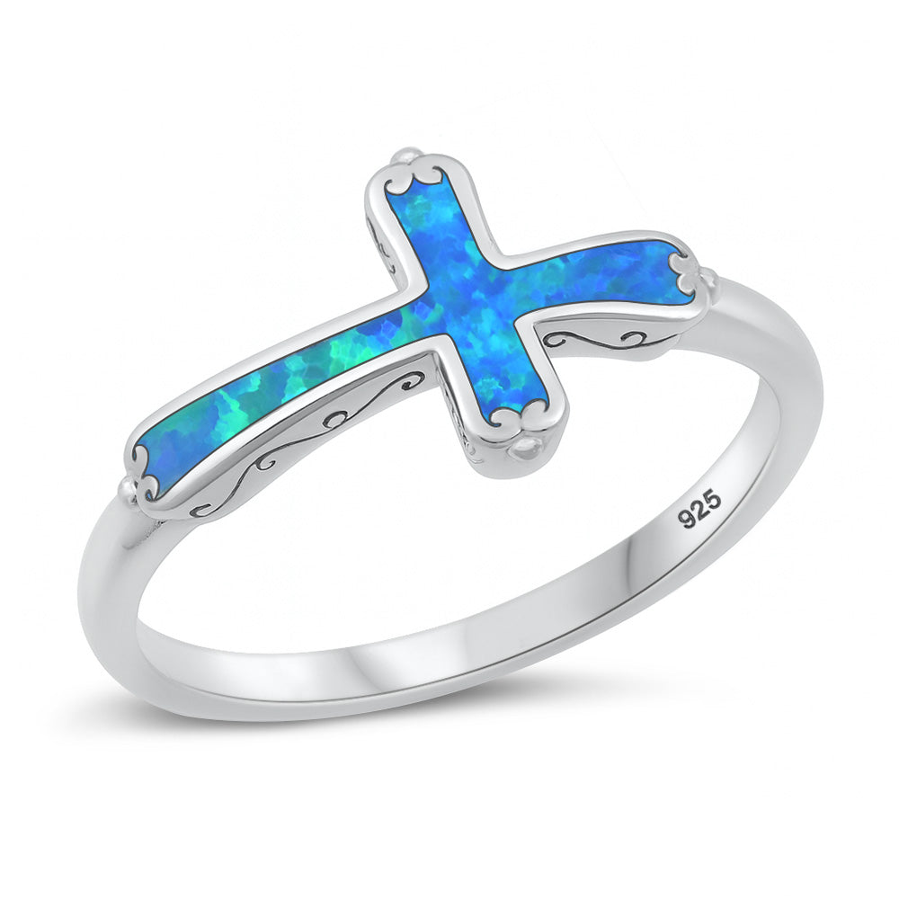 Sterling Silver Synthetic Opal Cross Ring