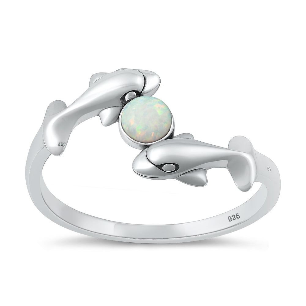 Sterling Silver Synthetic Opal Dolphins Ring