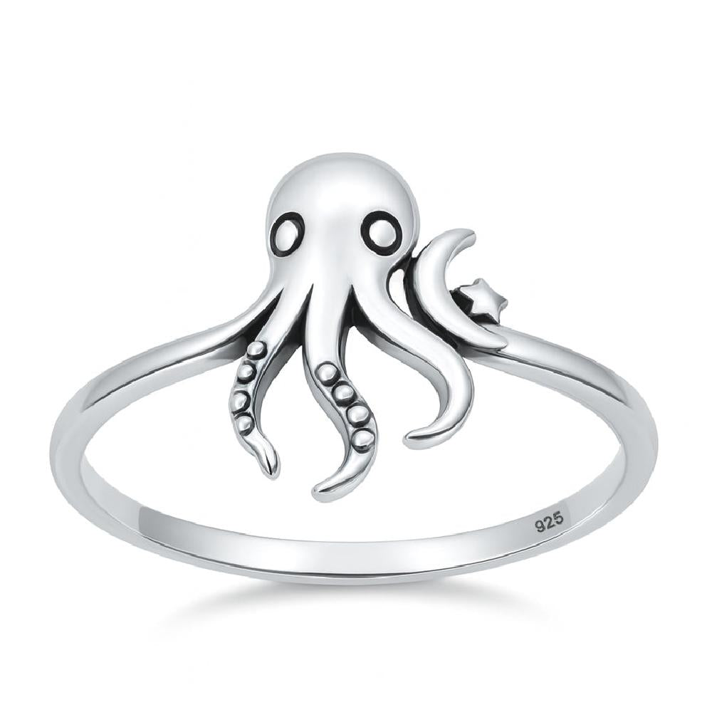 Sterling Silver Octopus Moon Star Ring