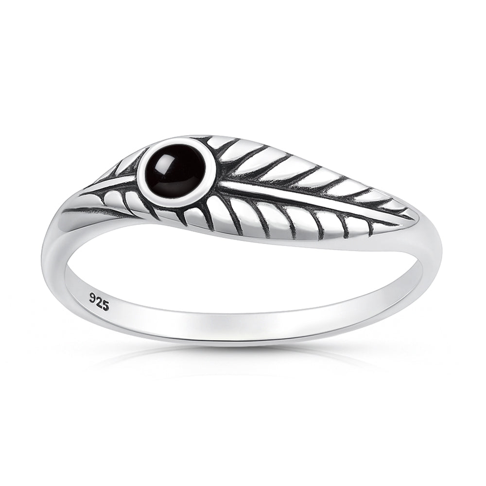Sterling Silver Black Onyx Leaf Ring