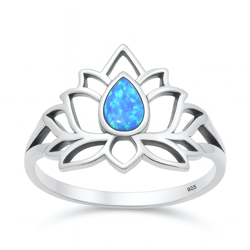 Sterling Silver Blue Lab Opal Lotus Ring