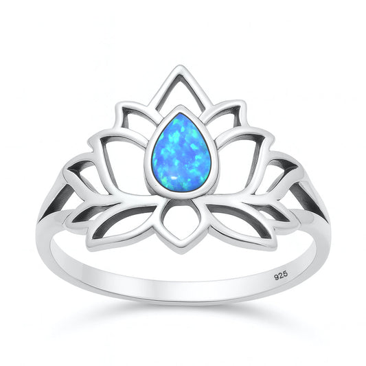 Sterling Silver Blue Lab Opal Lotus Ring