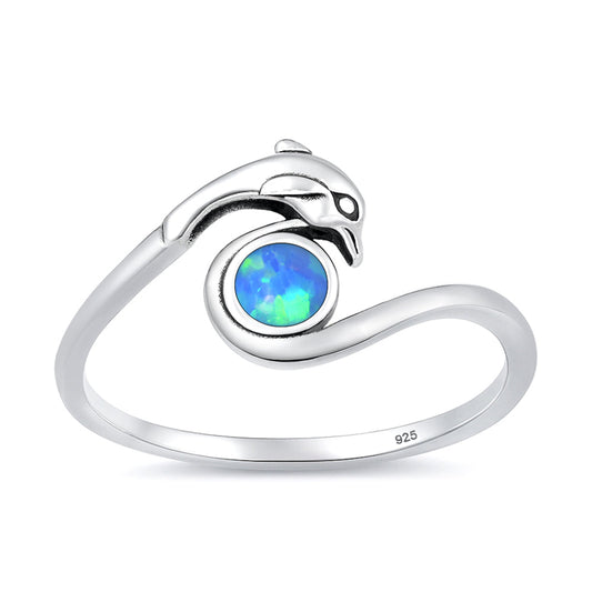 Sterling Silver Blue Lab Opal Dolphin Wave Ring