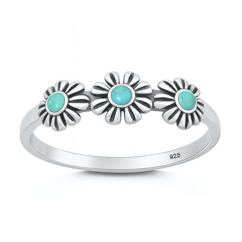 Sterling Silver Genuine Turquoise Daisy Ring