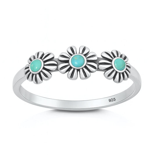 Sterling Silver Genuine Turquoise Daisy Ring