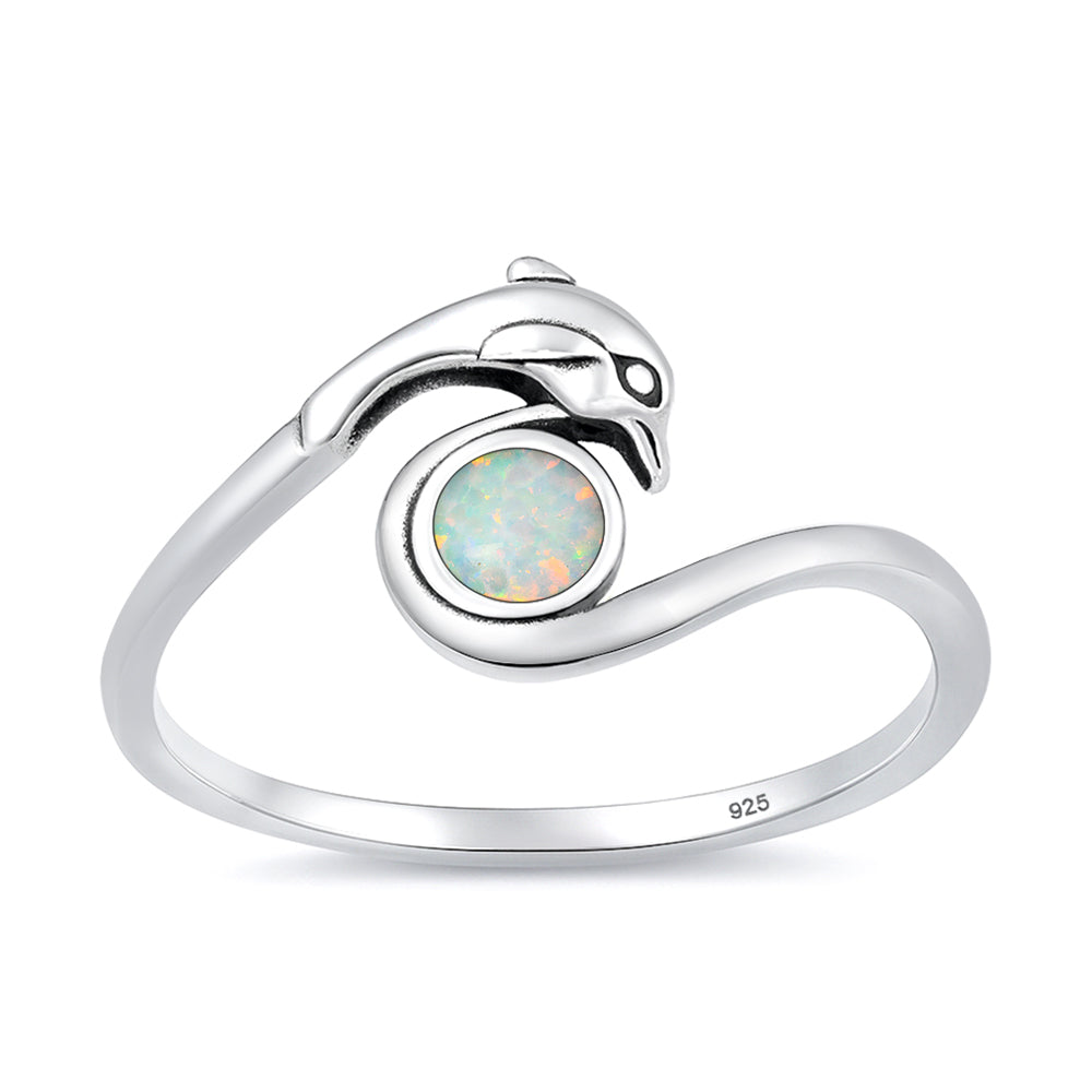 Sterling Silver Synthetic Opal Dolphin Ring