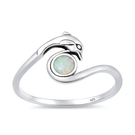 Sterling Silver Synthetic Opal Dolphin Ring
