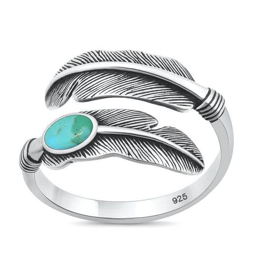 Sterling Silver Genuine Turquoise Feather Spoon Ring