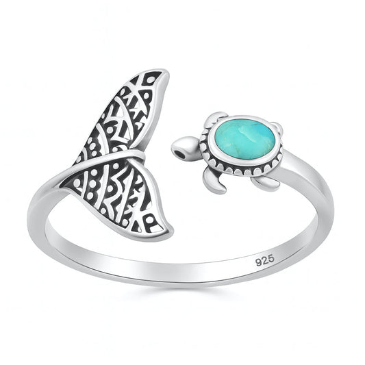 Sterling Silver Genuine Turquoise Turtle & Whale Tail Ring