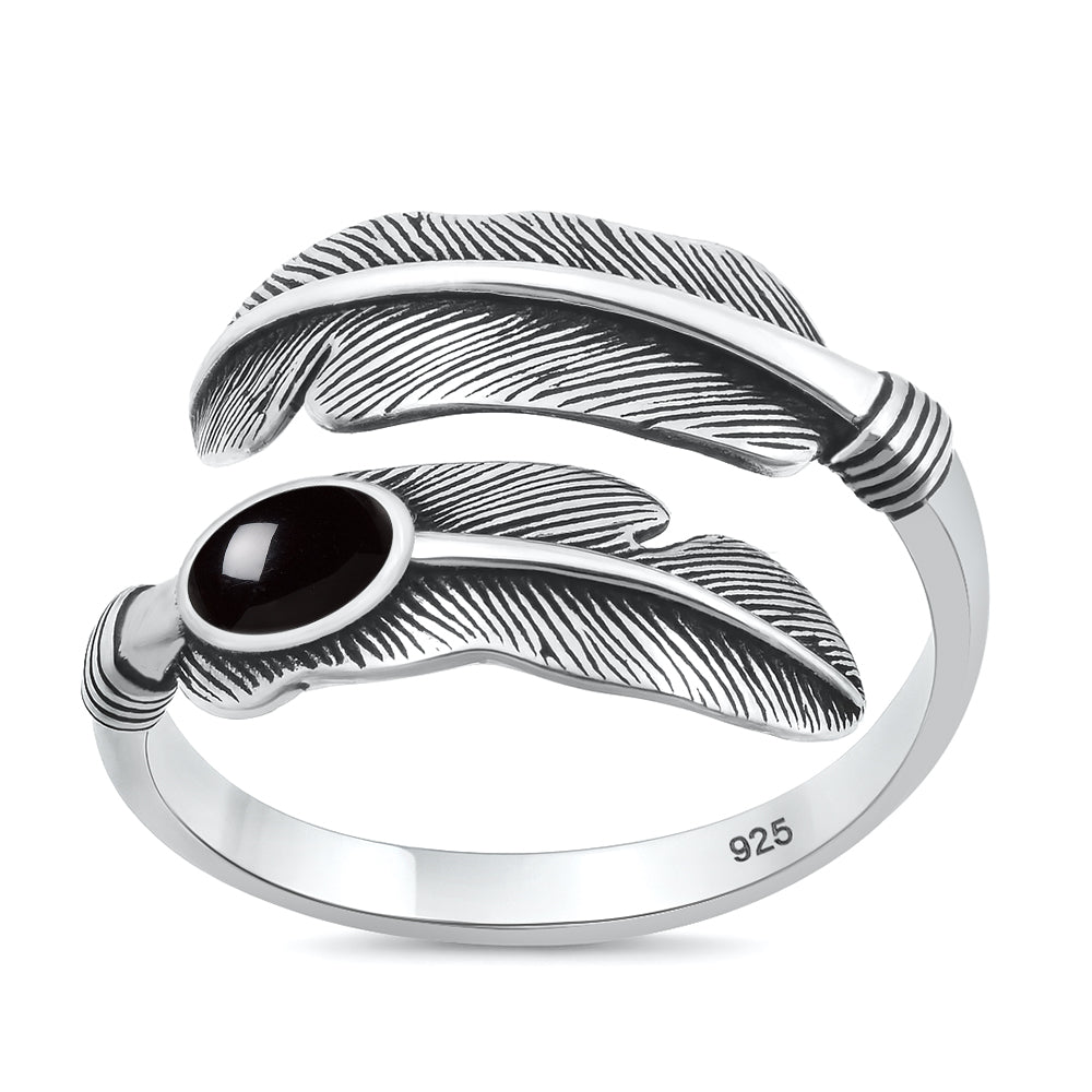 Sterling Silver Black Onyx Feather Ring