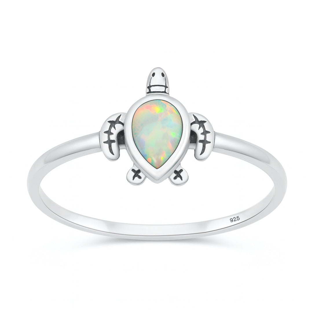 Sterling Silver White Lab Opal Sea Turtle Ring