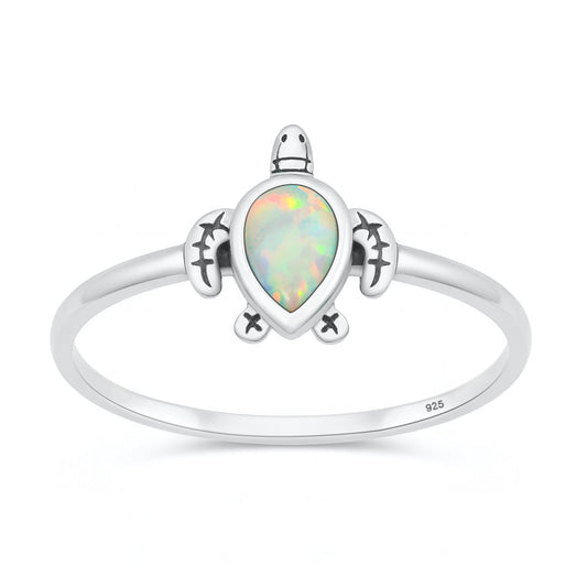 Sterling Silver White Lab Opal Sea Turtle Ring