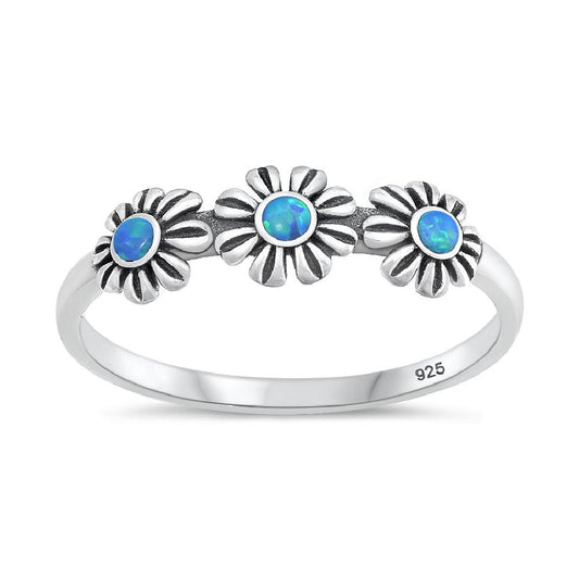 Sterling Silver Blue Lab Opal Flower Ring