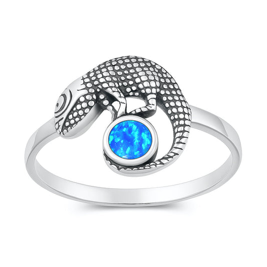 Sterling Silver Blue Lab Opal Iguana Ring