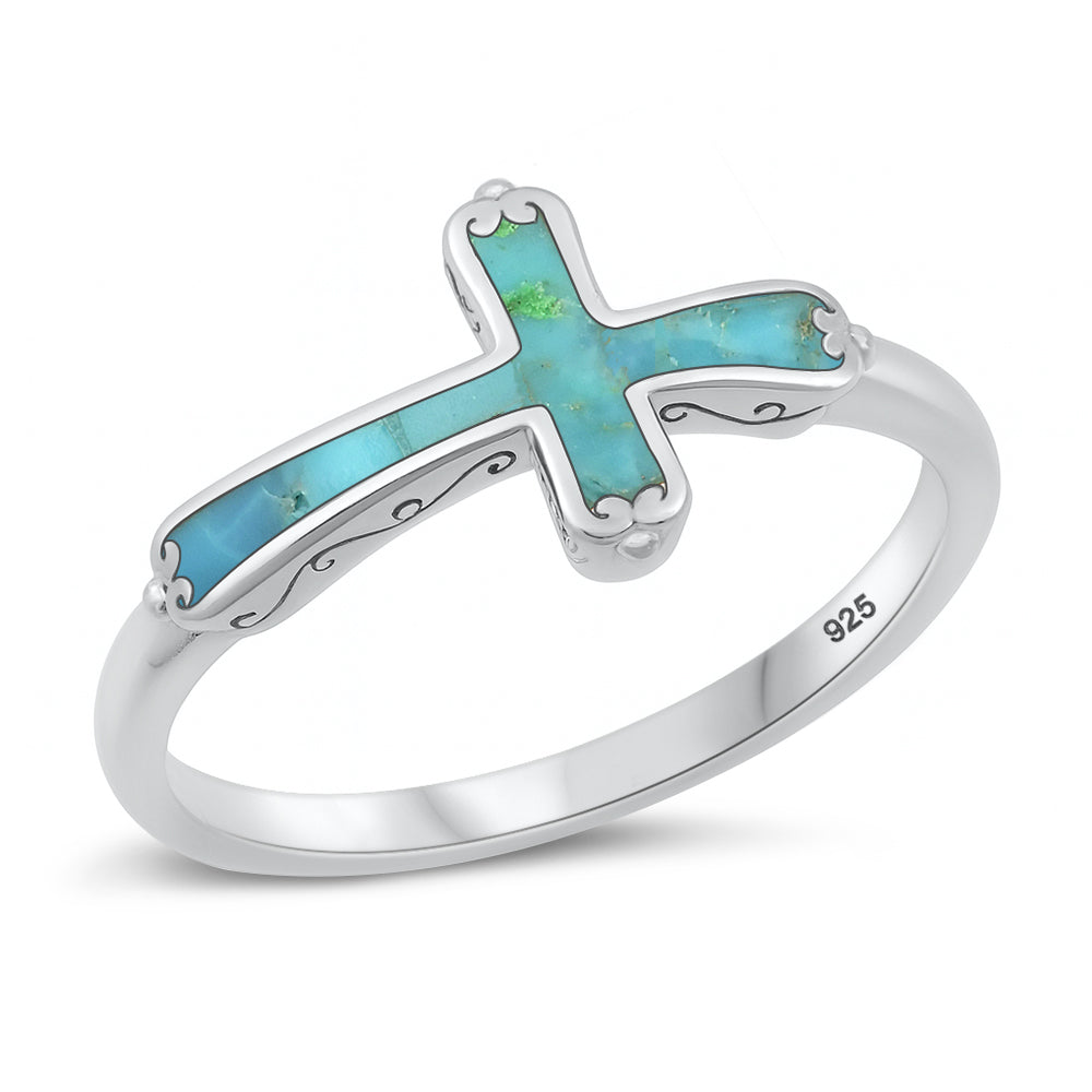 Sterling Silver Genuine Turquoise Cross Ring