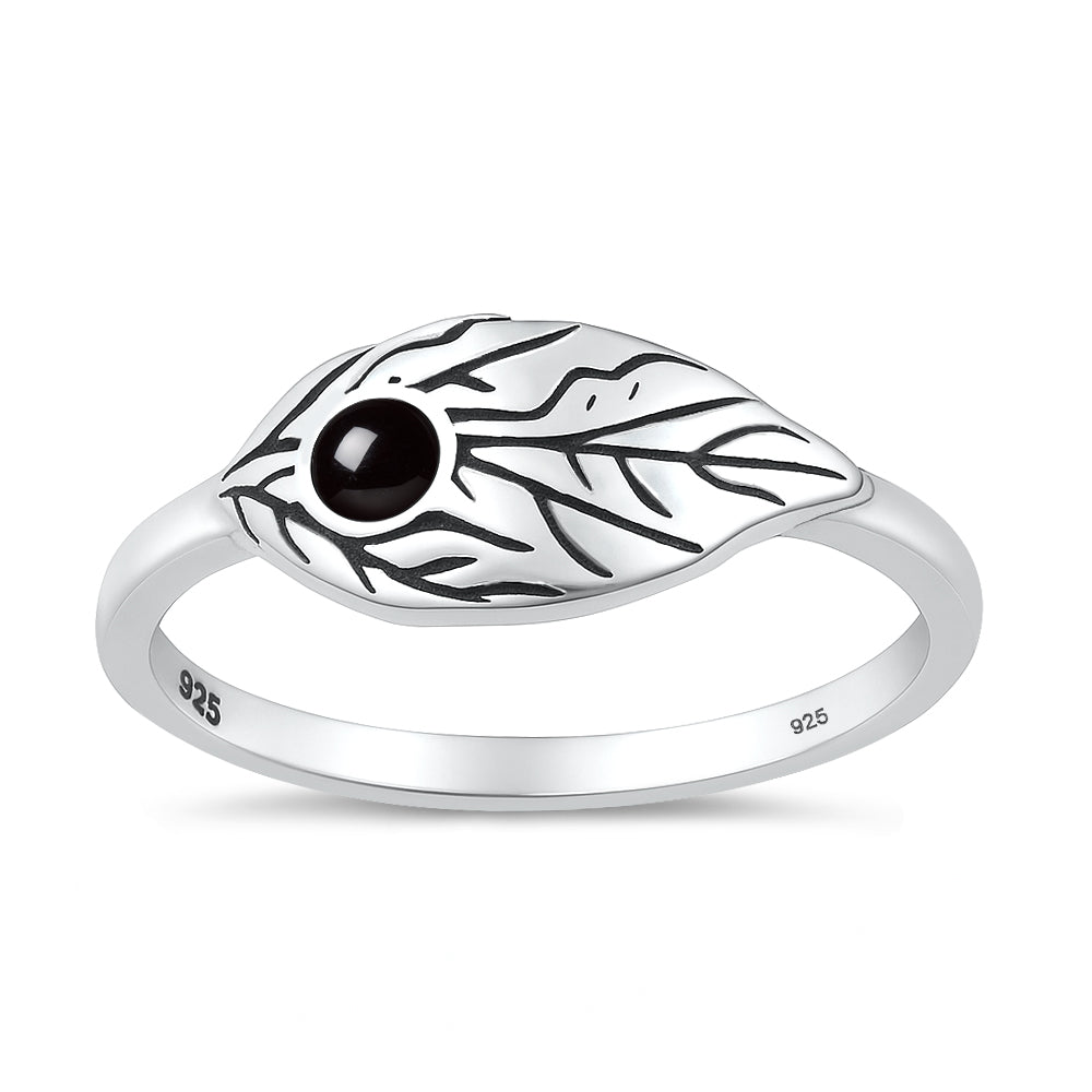 Sterling Silver Black Onyx Leaf Ring