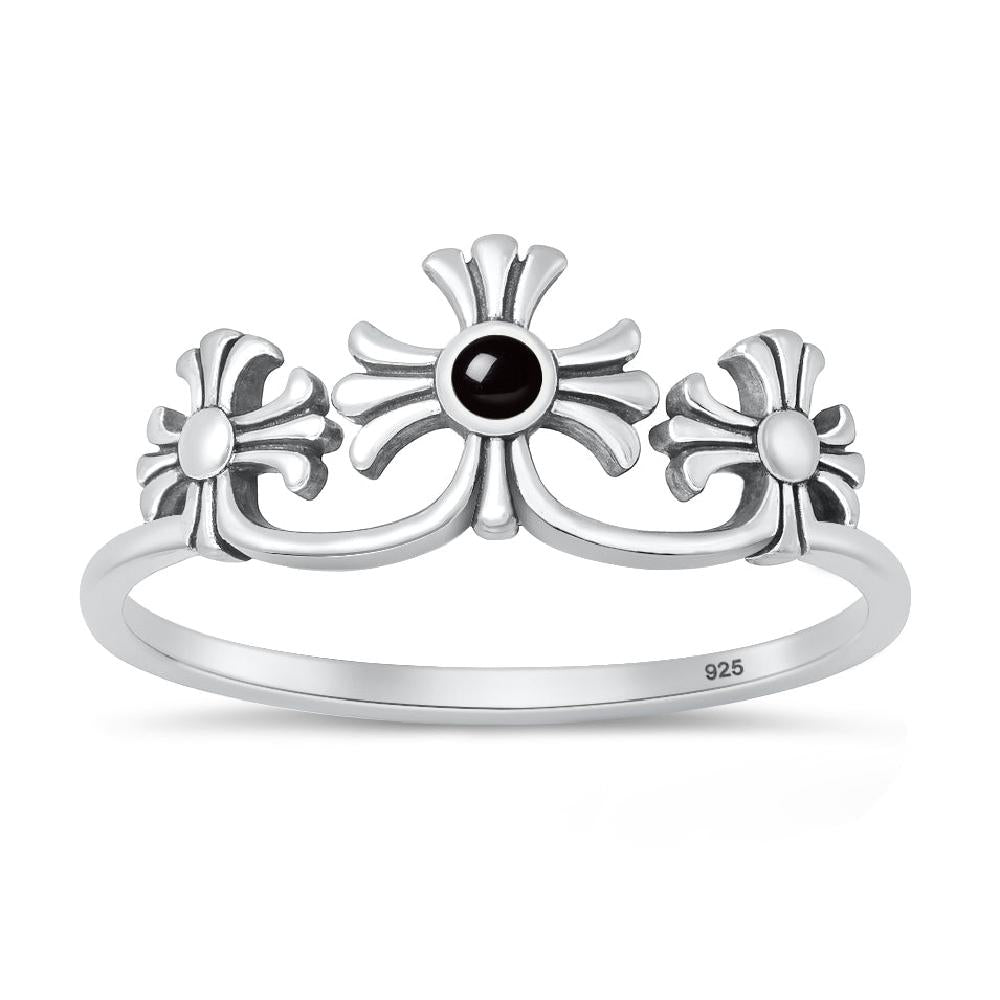 Sterling Silver Black Onyx Triple Cross Ring