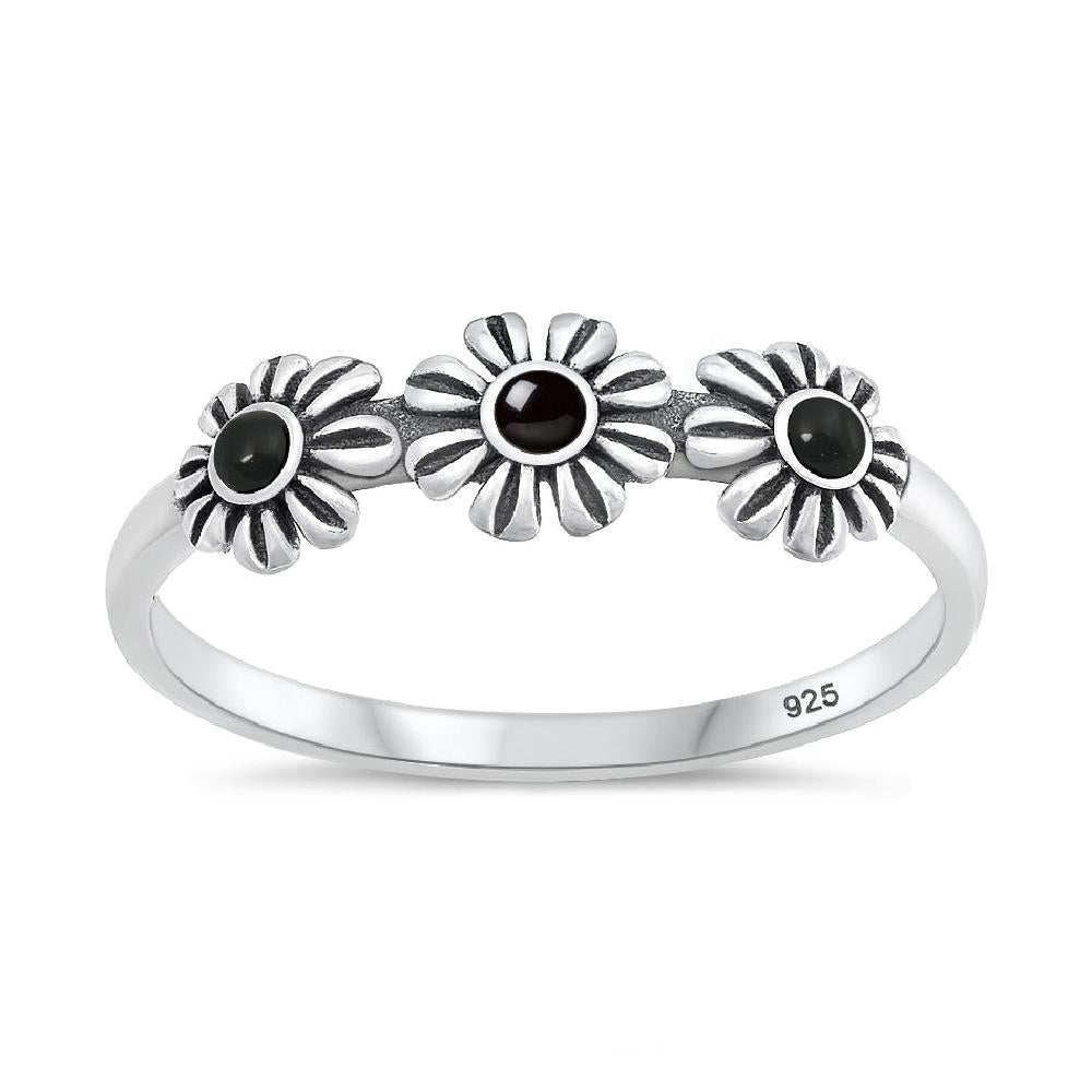 Sterling Silver Black Onyx Flower Ring