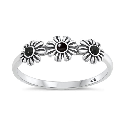 Sterling Silver Black Onyx Flower Ring
