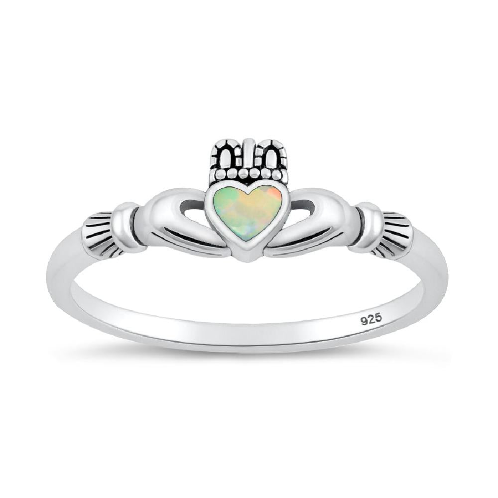 Sterling Silver White Lab Opal Claddagh Ring