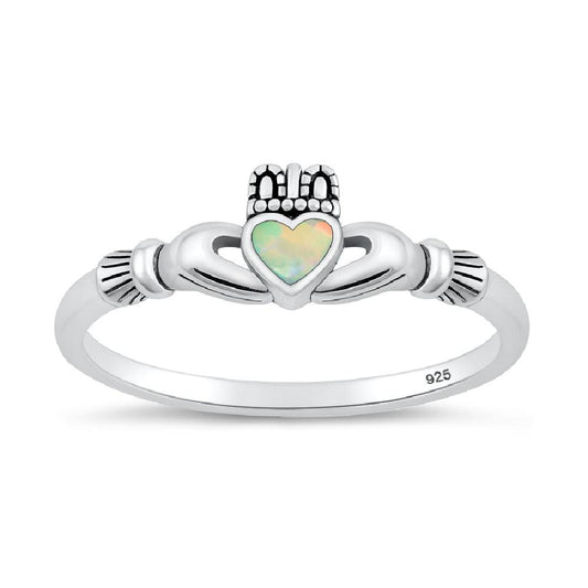 Sterling Silver White Lab Opal Claddagh Ring