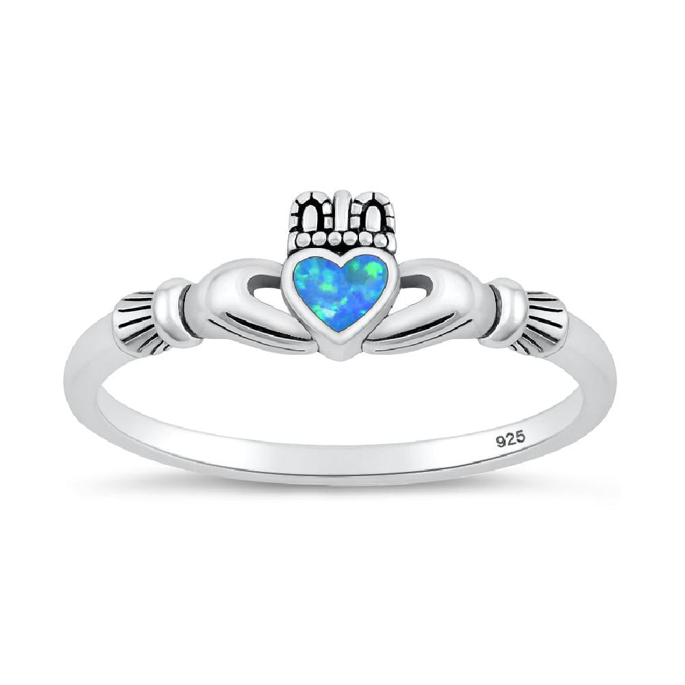 Sterling Silver Blue Lab Opal Claddagh Ring