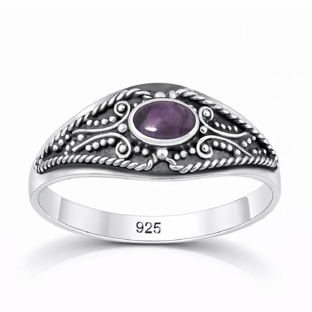 Sterling Silver Amethyst Cabochon Bali Style Ring