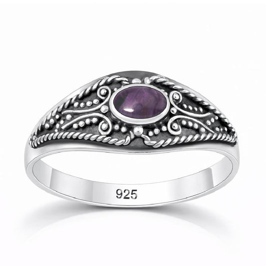 Sterling Silver Amethyst Cabochon Bali Style Ring