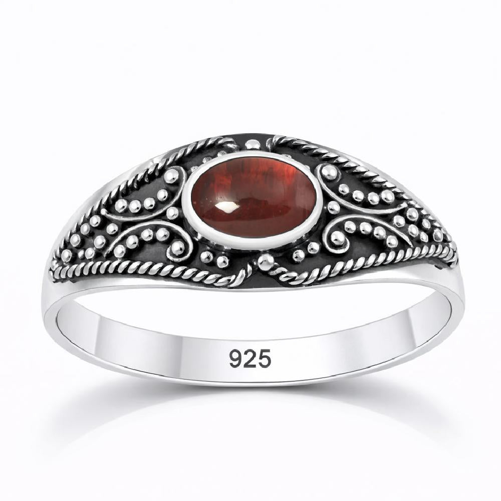 Sterling Silver Garnet Gemstone Cabochon Bali Style Ring