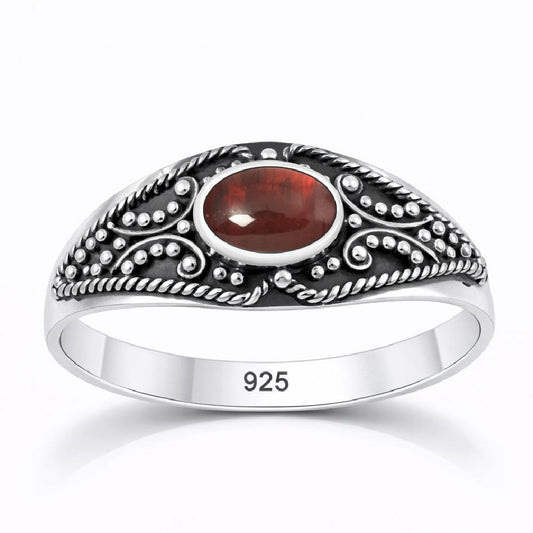 Sterling Silver Garnet Gemstone Cabochon Bali Style Ring