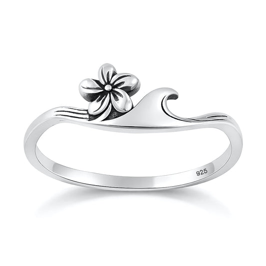 Sterling Silver Wave Plumeria Flower Ring