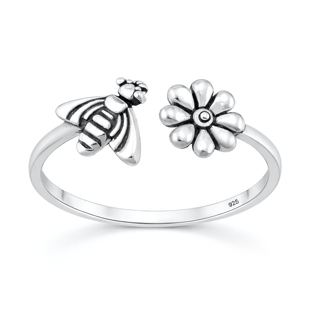Sterling Silver Adjustable Bee Flower Ring