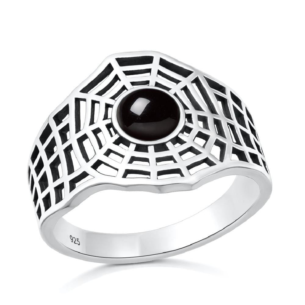 Sterling Silver Black Agate Spiderweb Ring