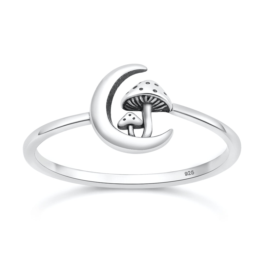 Sterling Silver Crescent Moon Mushroom Ring