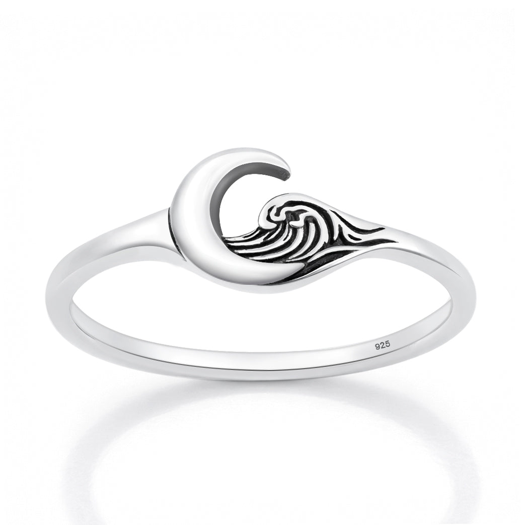 Sterling Silver Crescent Moon Surfing Wave Ring