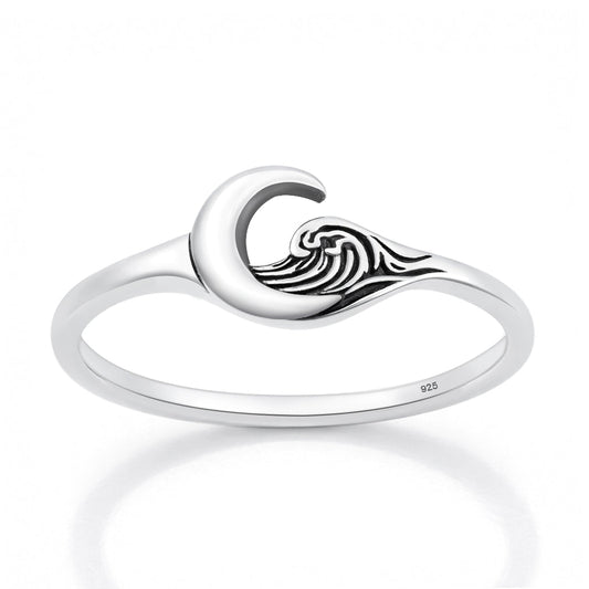 Sterling Silver Crescent Moon Surfing Wave Ring