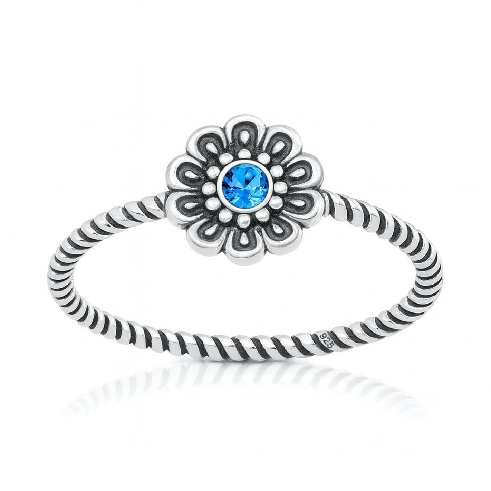 Sterling Silver Oxidized Blue CZ Flower Ring