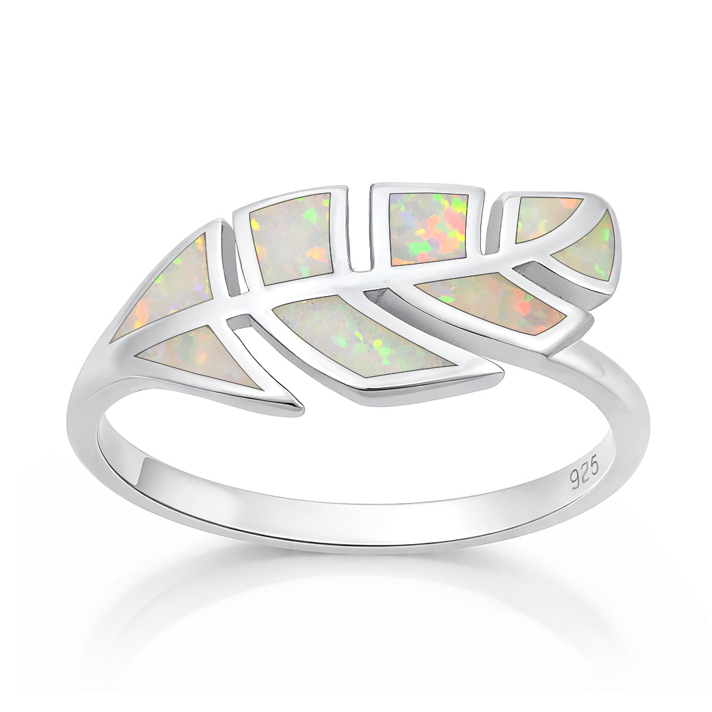 Sterling Silver White Synthetic Opal Feather Ring