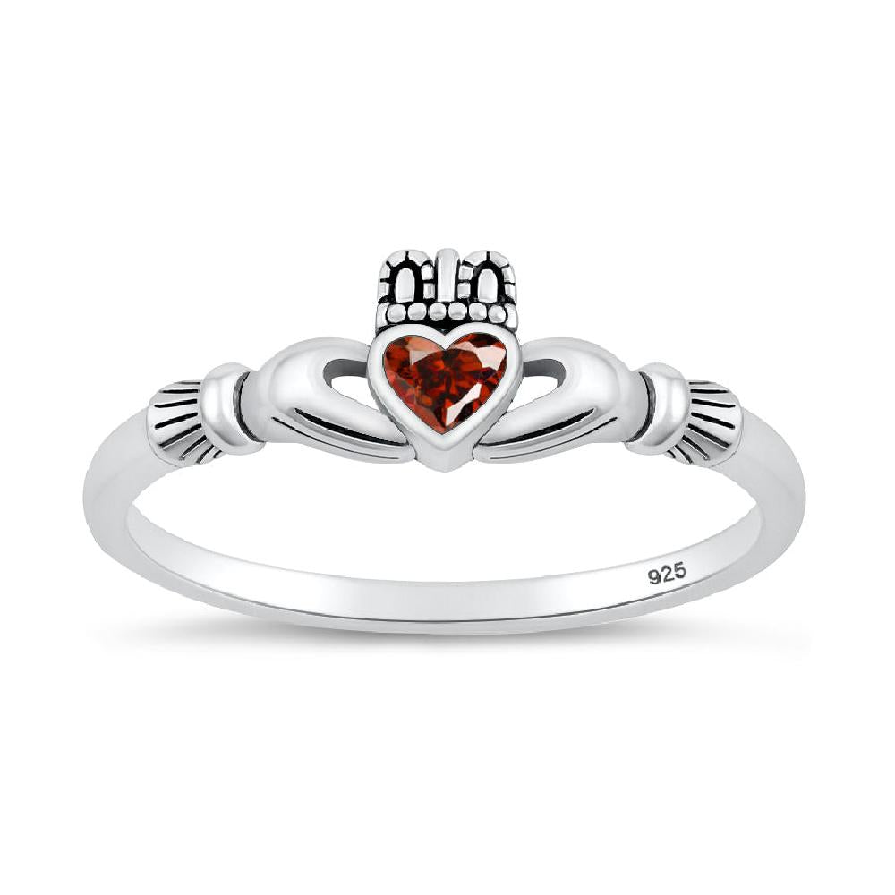 Sterling Silver Red CZ Celtic Claddagh Ring